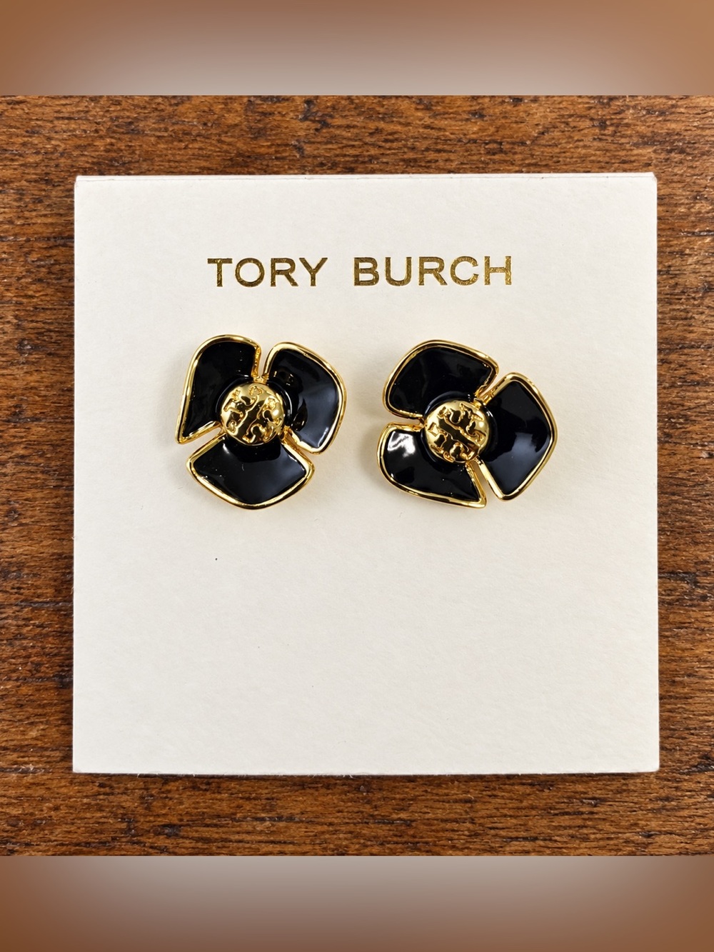 Tory Burch Black and Gold Floral Enamel Stud Earrings